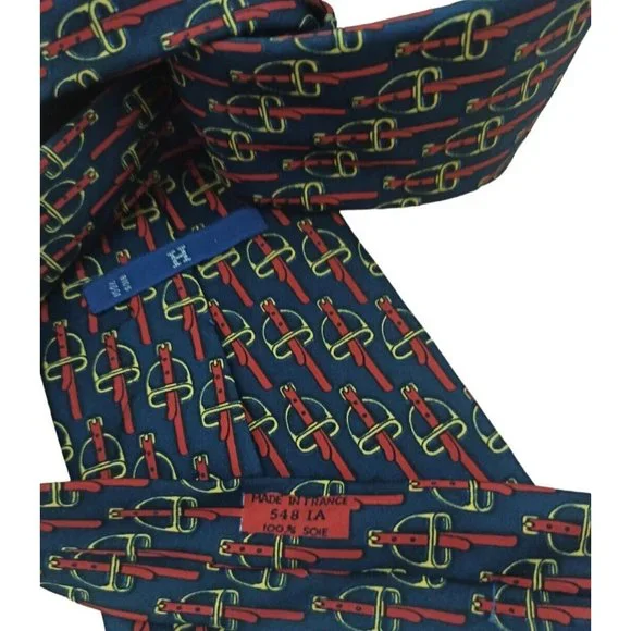 HERMÈS 548 IA VINTAGE Blue Horse Bit Silk Tie FRANCE 55"/ 4.5" EC